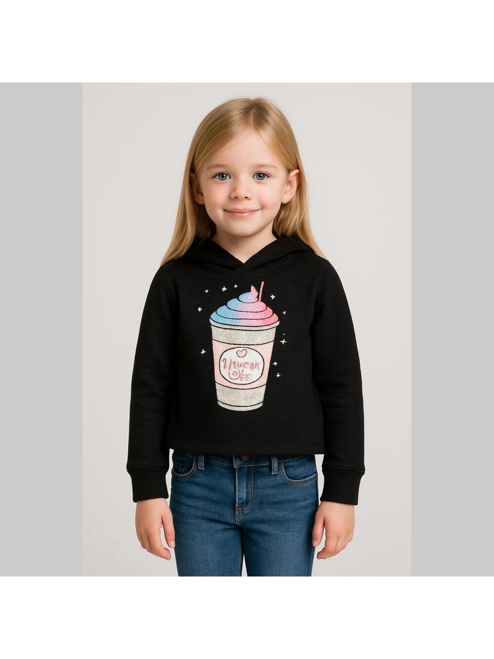EUC Girls 8 Justice Cropped Hoodie Black Sparkle Logo Unicorn Latte